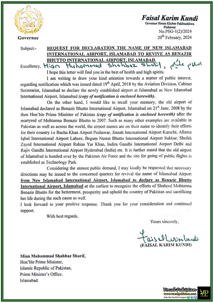 Governor Khyber Pakhtunkhwa Requests Revival of Benazir Bhutto International Airport Name–Complete Details