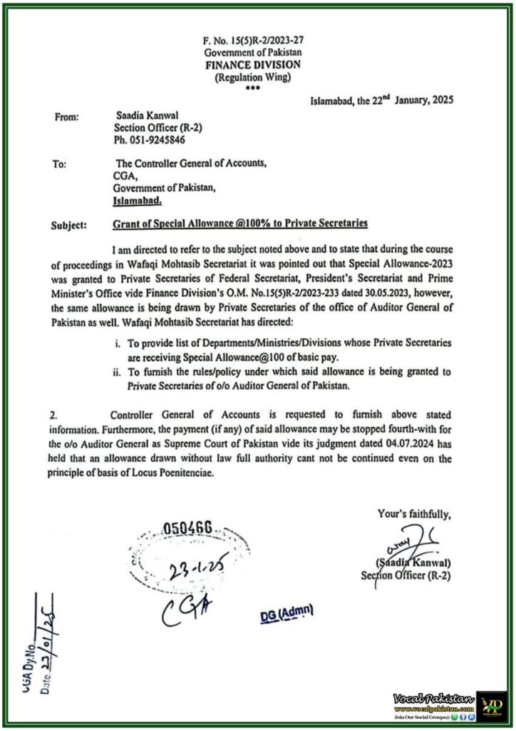 Grant of Special Allowance @100% to Private Secretaries–Finance Division Issues Clarification Notification 10 Grant of Special Allowance @100% to Private Secretaries–Finance Division Issues Clarification Notification
