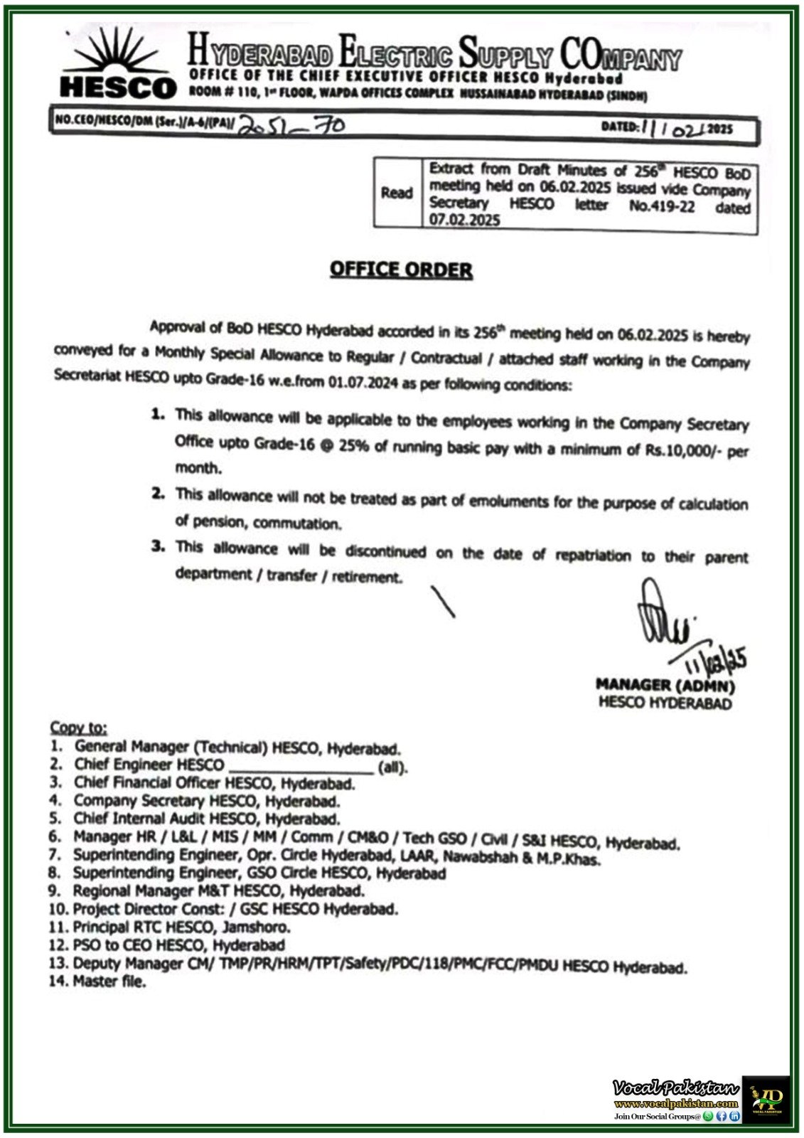 HESCO Announces 25% Special Allowance for Employees–Official Notification