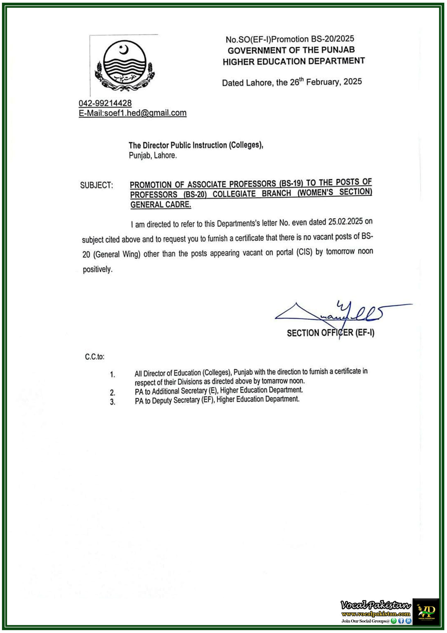 Punjab 4 Higher Education Department Punjab Seeks Vacancy Confirmation for Professor Promotions in BS-20