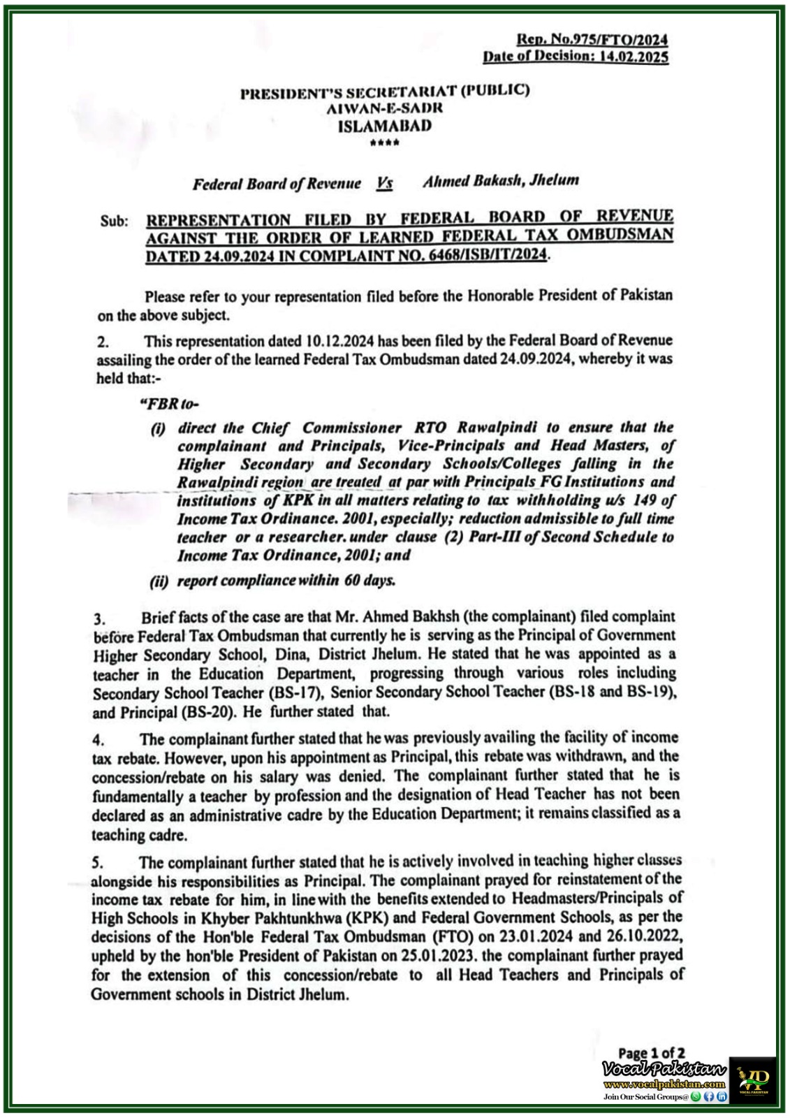 Federal 3 Income Tax Rebate Restored for Principals & Teachers–Major Decision by President of Pakistan