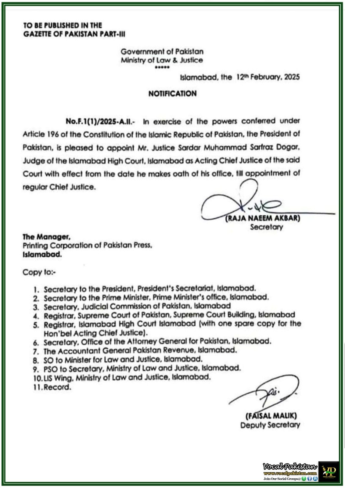 Justice Sardar Muhammad Sarfraz Dogar Appointed as Acting Chief Justice of Islamabad High Court-Government Official Gazette Notification