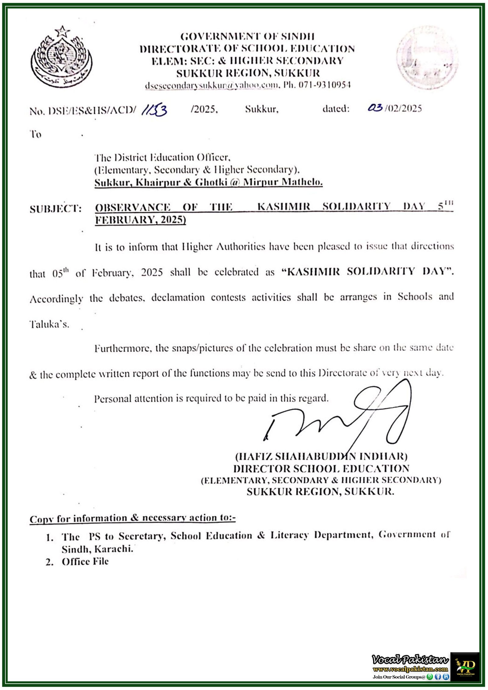 Kashmir Solidarity Day 2025: Debates & Activities Mandated in Sindh Schools–Read Notification