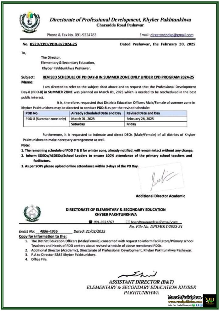 Khyber Pakhtunkhwa CPD Program 2024-25 Revised Schedule for PD Day-8 Announced–Notification