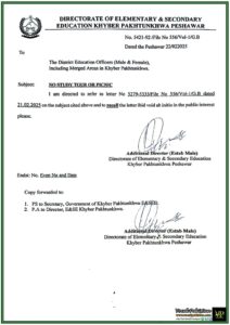 Khyber Pakhtunkhwa Education Department Cancels Permission for School Trips and Excursions–Official Notification Issued