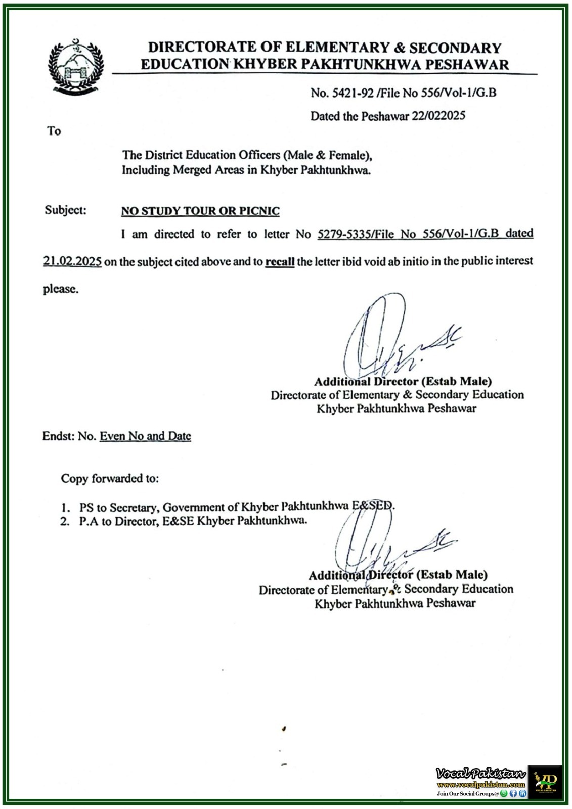 KPK 6 Khyber Pakhtunkhwa Education Department Cancels Permission for School Trips and Excursions–Official Notification Issued