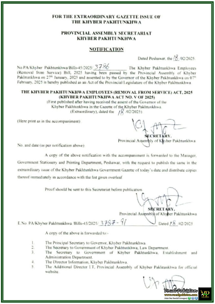 Khyber Pakhtunkhwa Employees (Removal from Service) Act 2025 Published–Full Details