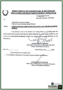 Khyber Pakhtunkhwa Government Cancels All Detailment Orders in Education Sector-Notification