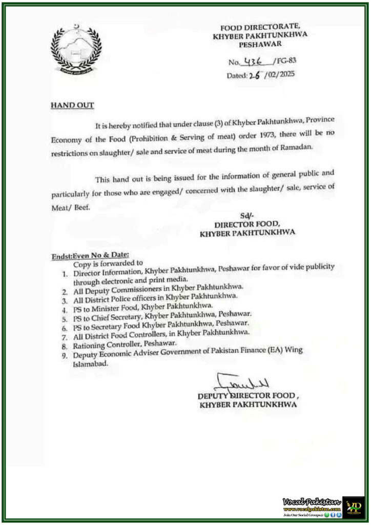 Khyber Pakhtunkhwa Government Lifts Ban on Meat Sale and Slaughter During Ramadan–Official Notification