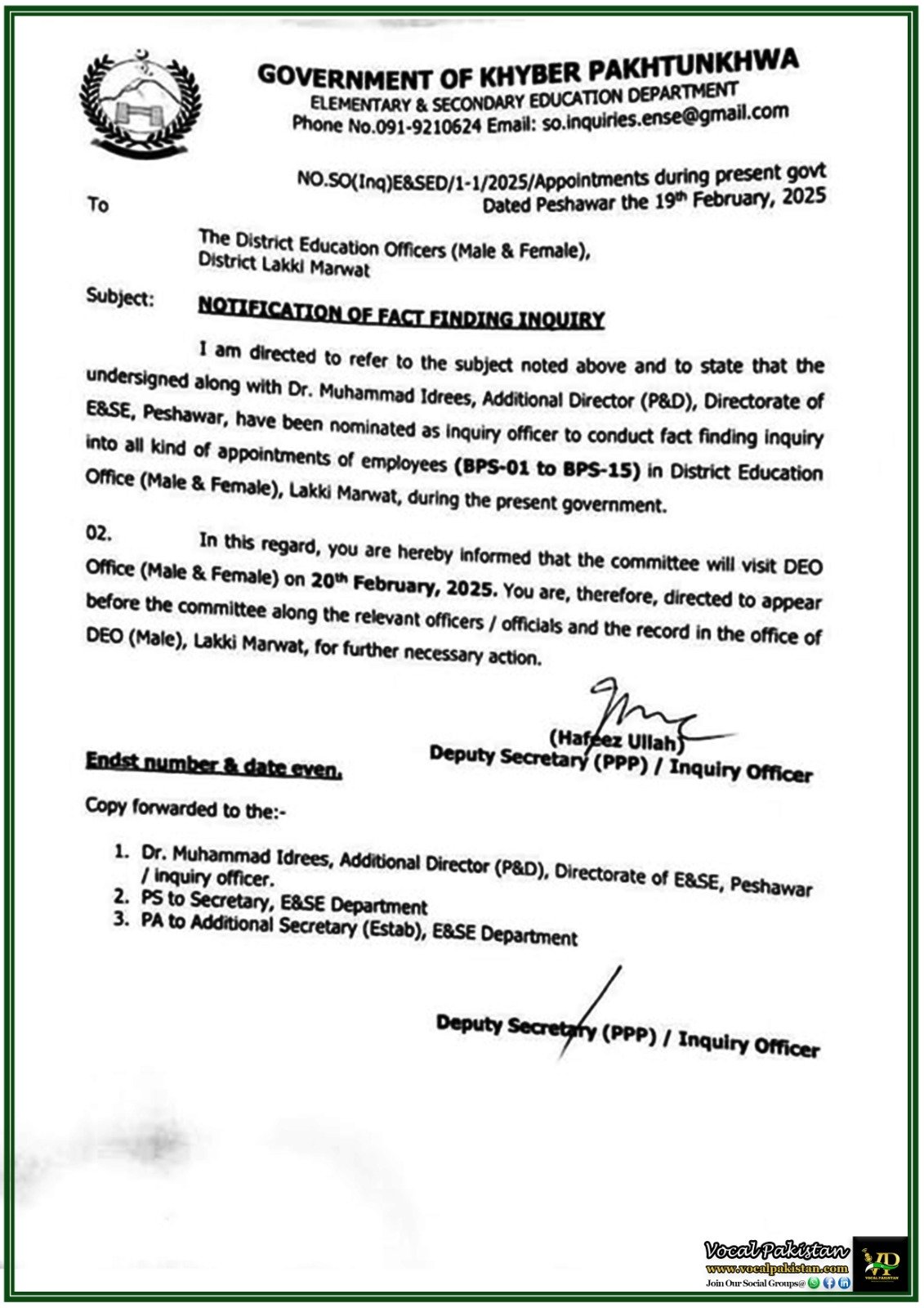 Khyber Pakhtunkhwa Government Orders Fact-Finding Inquiry into Appointments in Lakki Marwat Education Department