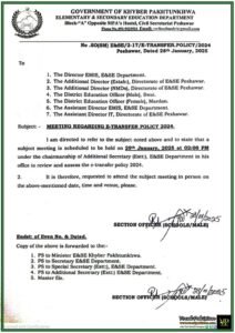 Khyber Pakhtunkhwa Government Sets Date for E-Transfer Policy 2024 Review Meeting-Notification