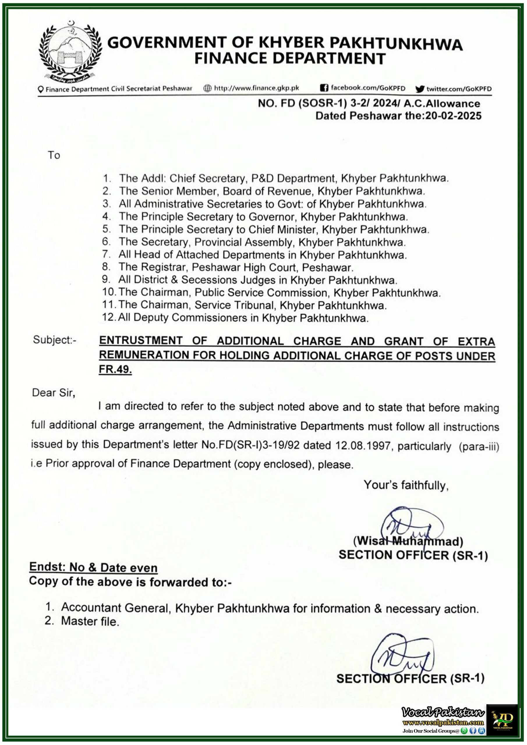 Financial Department 4 Khyber Pakhtunkhwa Government Updates Policy on Additional Charge and Extra Allowance–Read Notification