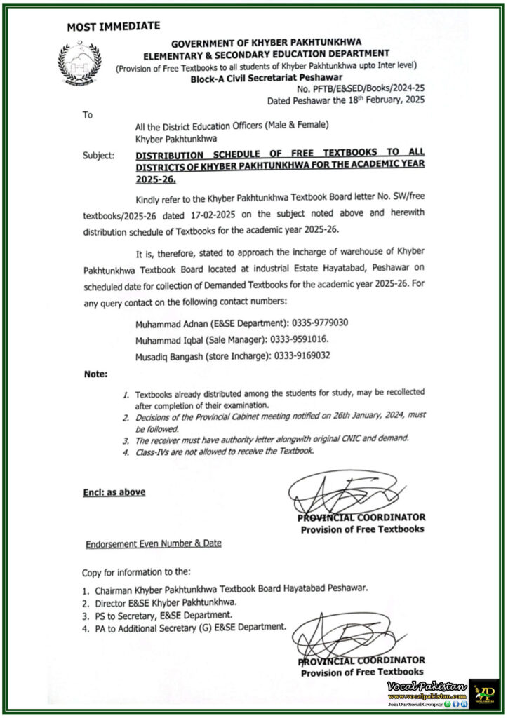Khyber Pakhtunkhwa Government to Provide Free Textbooks for All Students–Official Distribution Plan Released