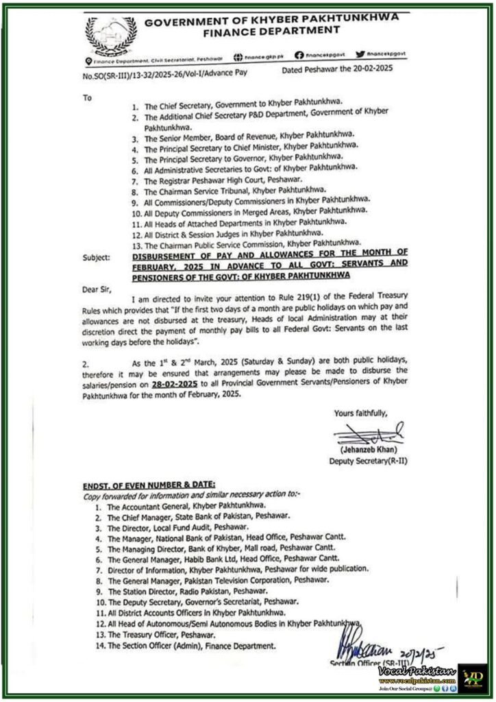 Khyber Pakhtunkhwa Government to Release February Salaries in Advance–Official Notification