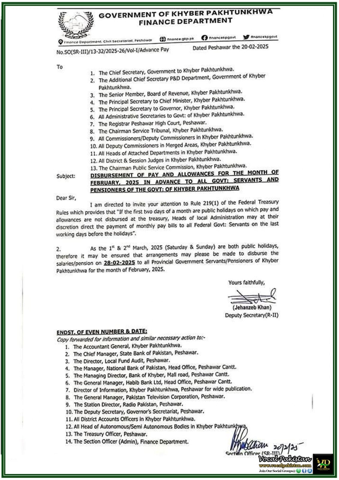 Khyber Pakhtunkhwa Government to Release February Salaries in Advance–Official Notification