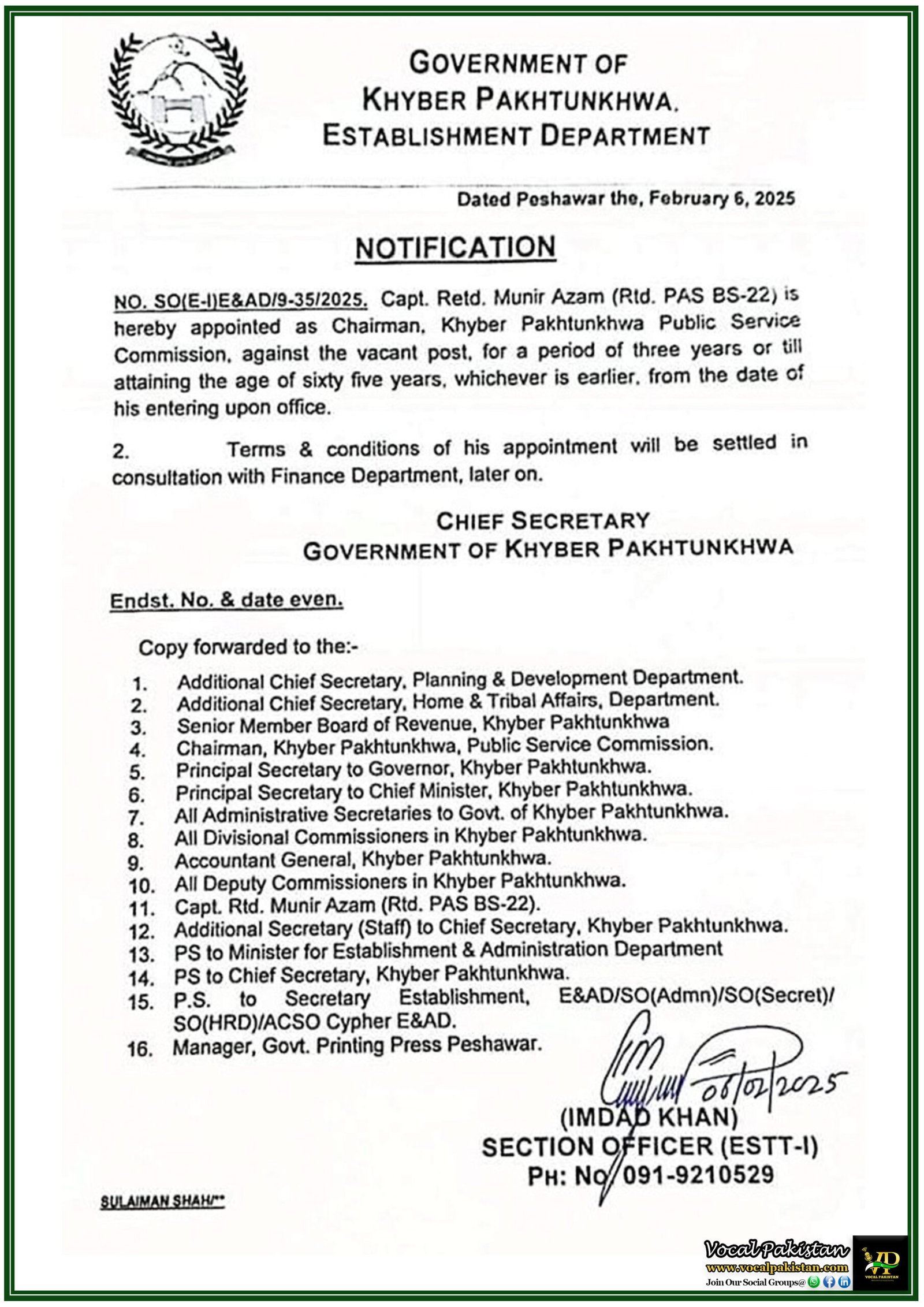 Khyber Pakhtunkhwa Public Service Commission (KPPSC) Gets New Chairman–Government Notification