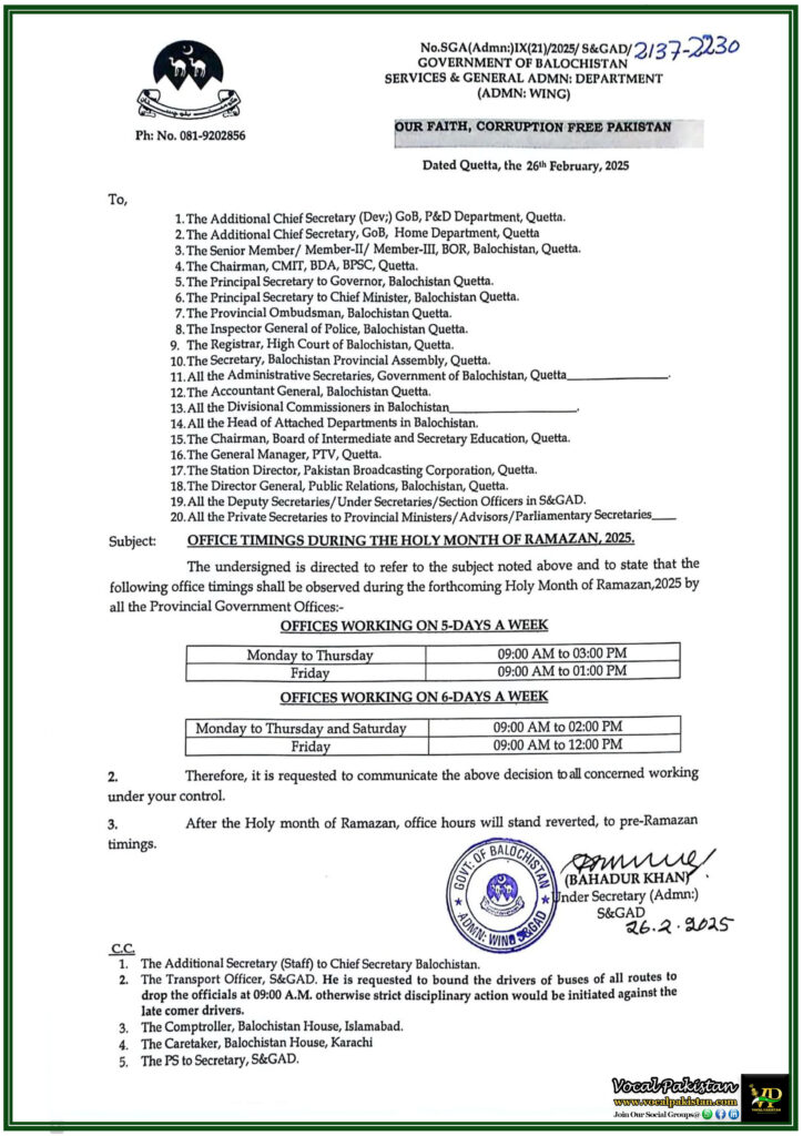 New Office Hours for Ramazan 2025 in Balochistan Government Departments–Official Notification