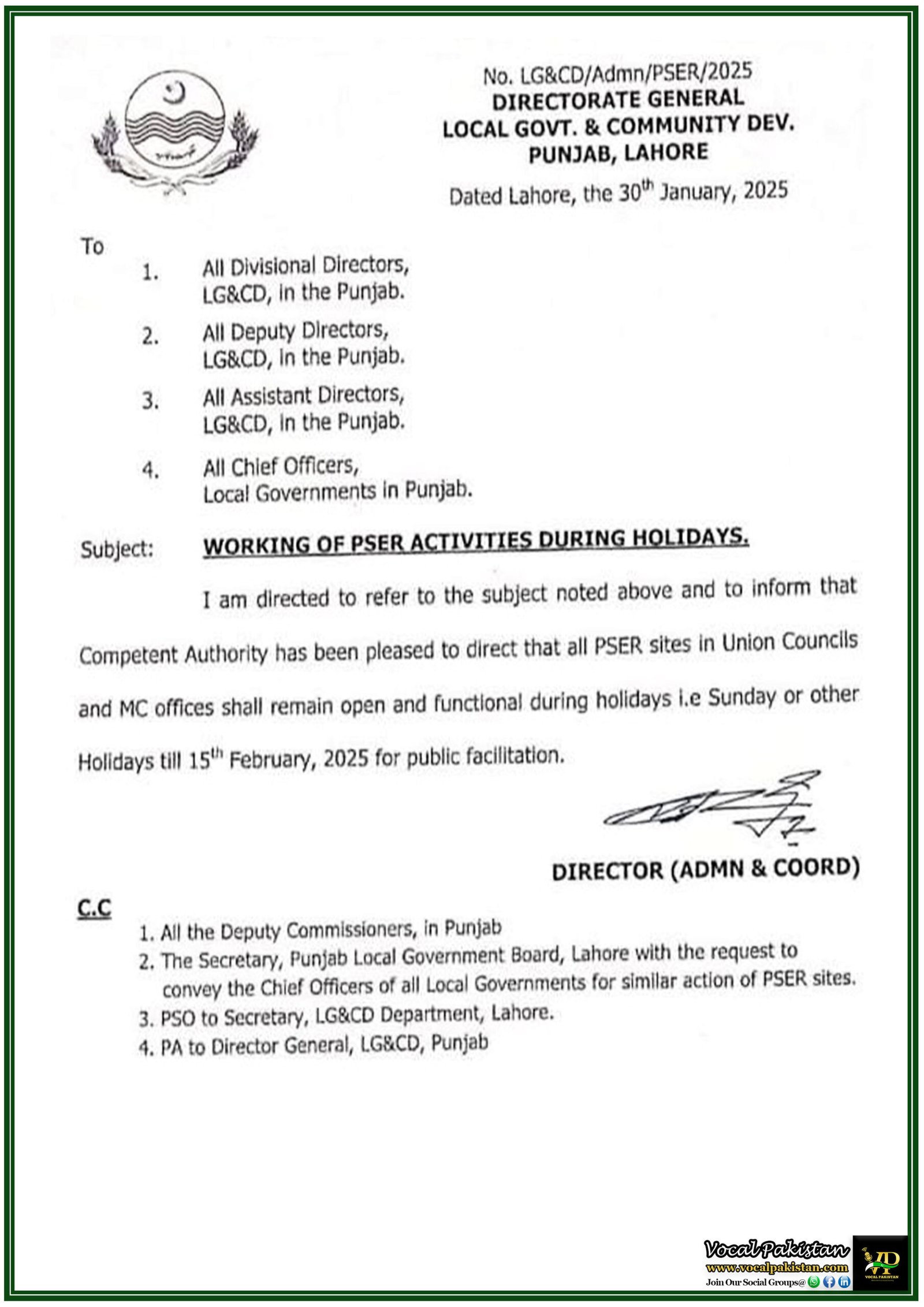 Punjab Government Orders PSER Sites to Remain Open During Holidays–Official Notification