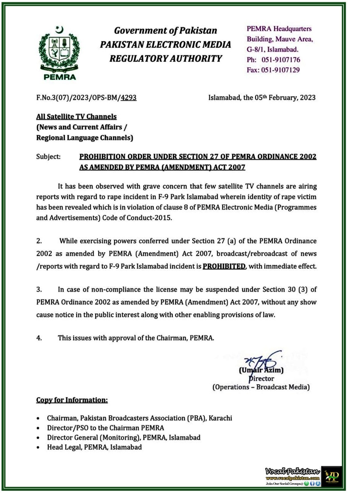 PEMRA Takes Strict Action Against Violation of Media Code of Conduct–Prohibition Order Issued