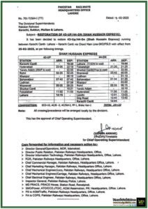 Pakistan Railways Announces Restoration of Shah Hussain Express–Official Notification Issued