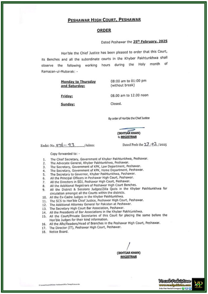 Peshawar High Court Announces New Working Hours for Ramazan 2025–Official Notification