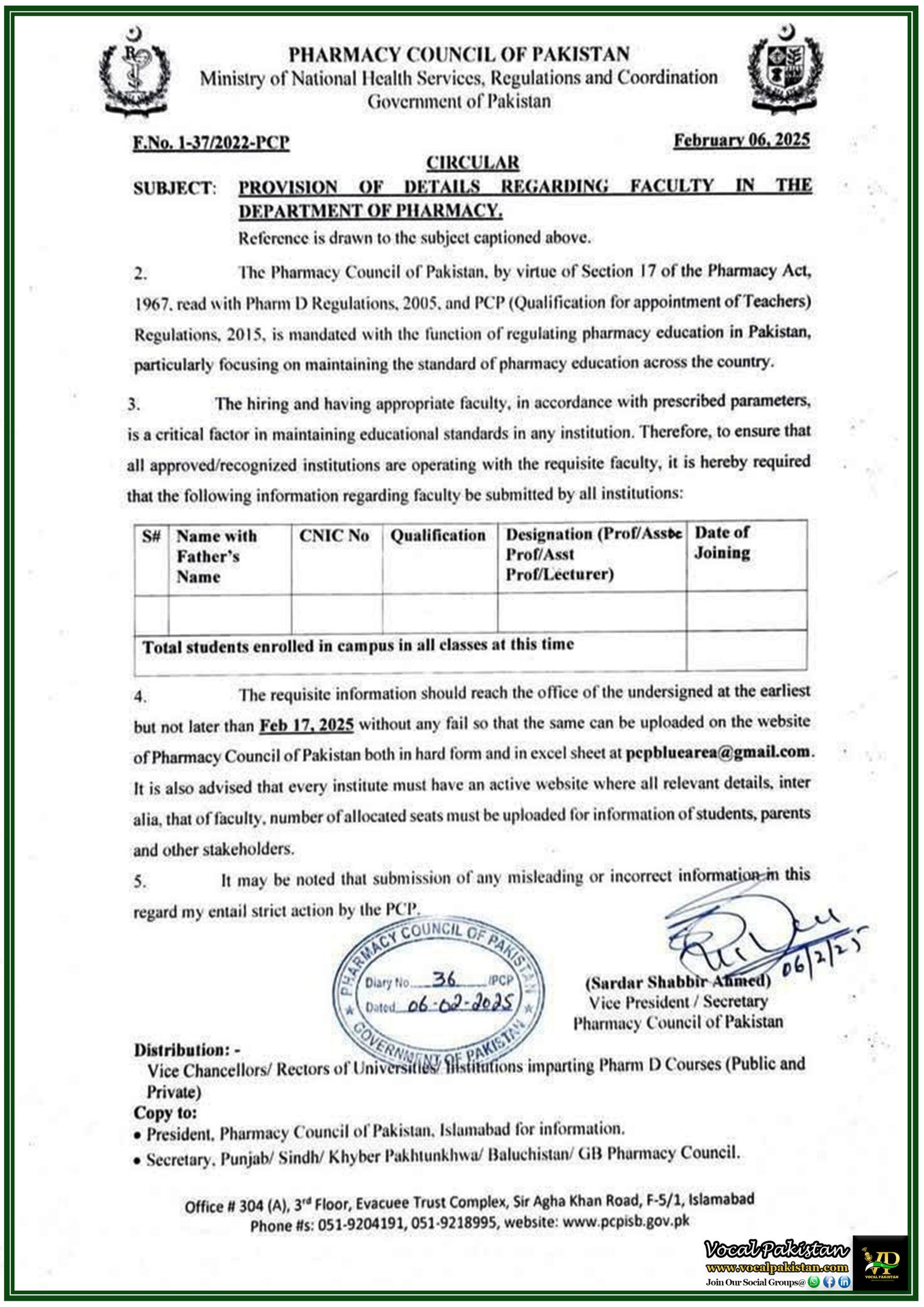 Pharmacy Council of Pakistan Demands Faculty Details from Institutions–Official Notification Issued