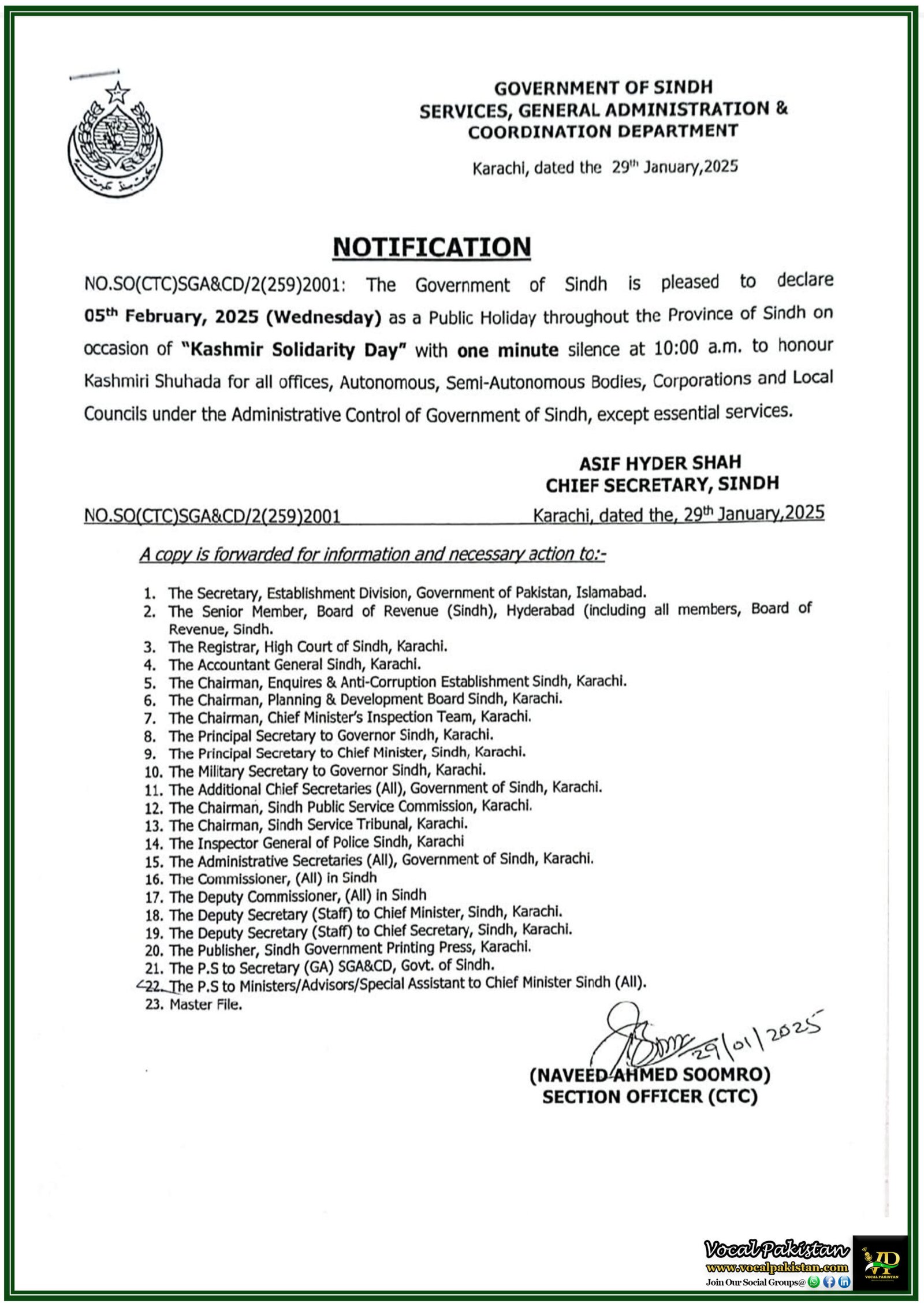 Public Holiday Alert: Sindh Govt Declares February 5th Off for Kashmir Solidarity Day–Notification Issued