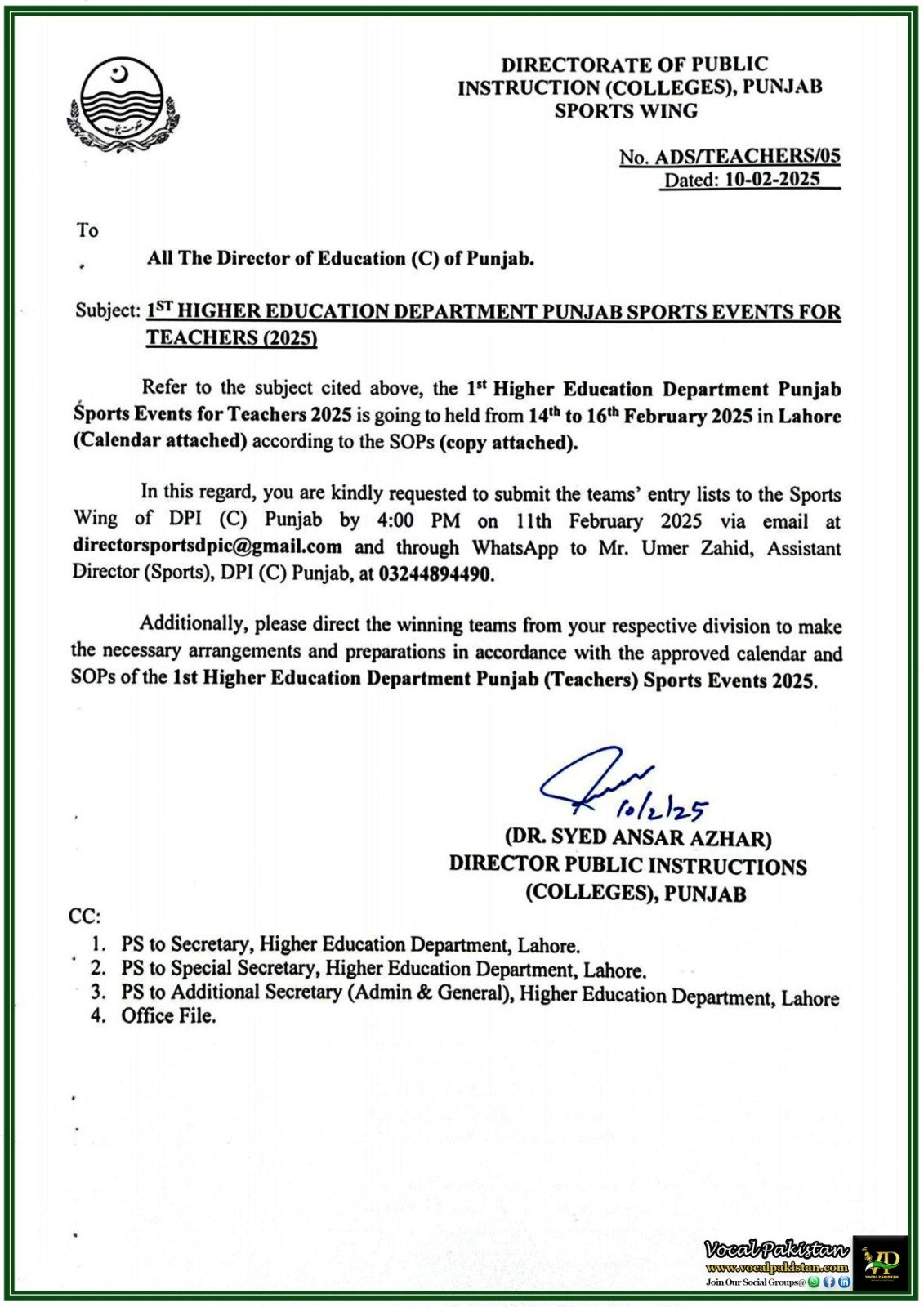 Punjab Announces 1st Higher Education Department Sports Event for Teachers–Official Notification