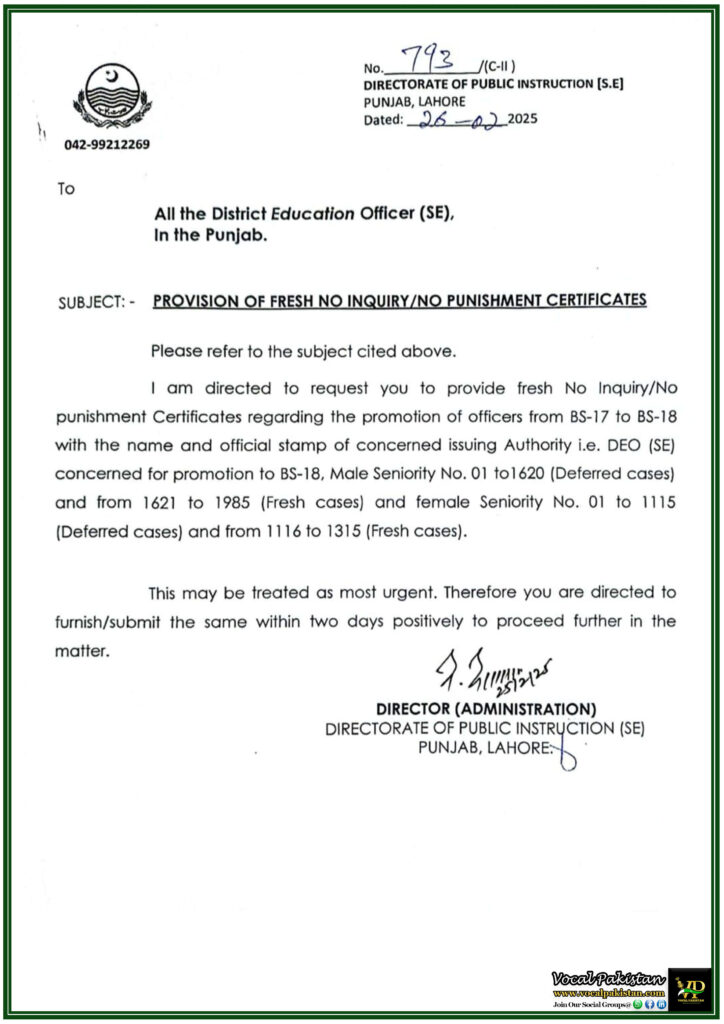 Punjab Education Department Demands Urgent No InquiryNo Punishment Certificates–Notification Issued