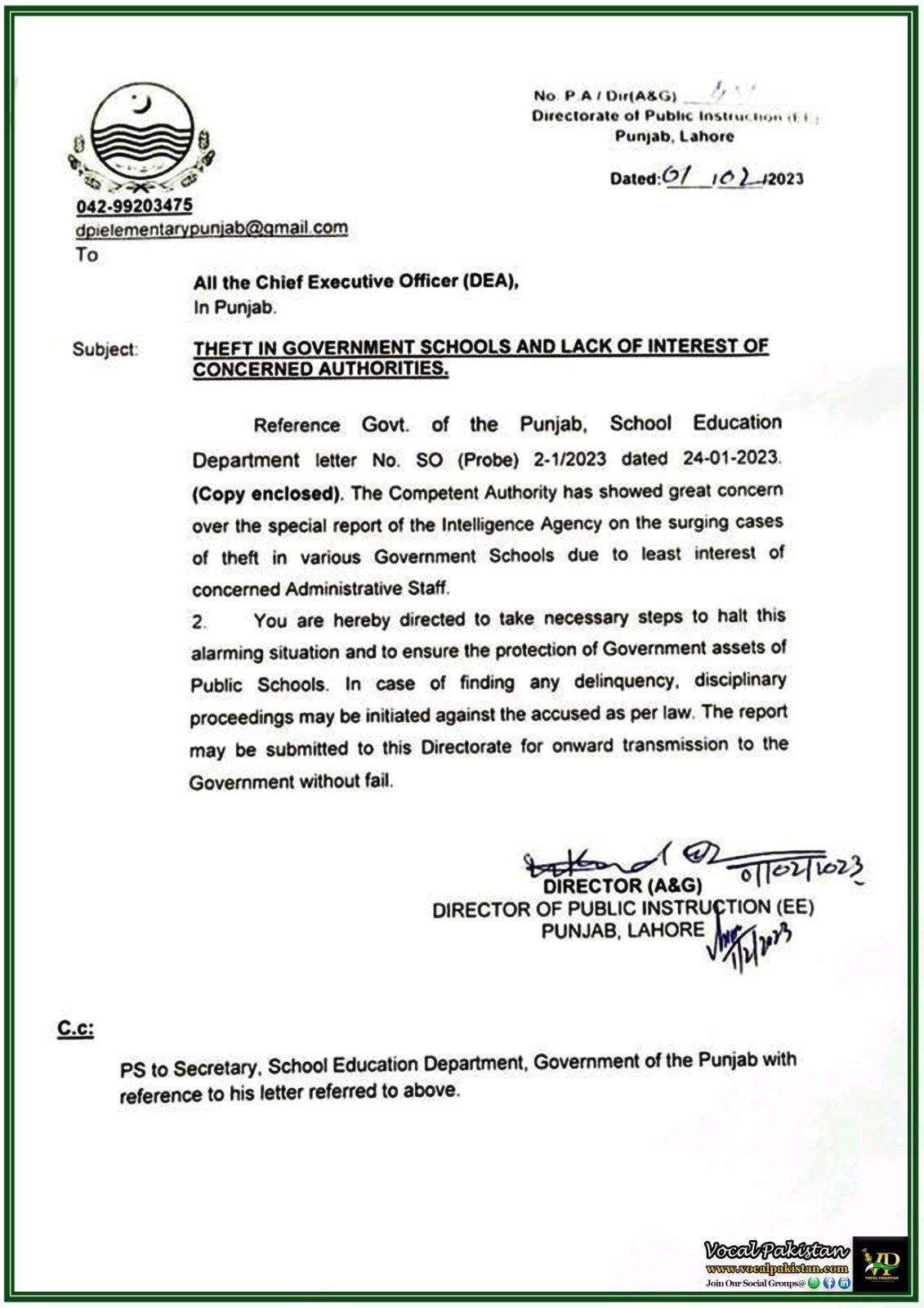 Punjab Education Department Directs Action Against School Thefts–Official Notification