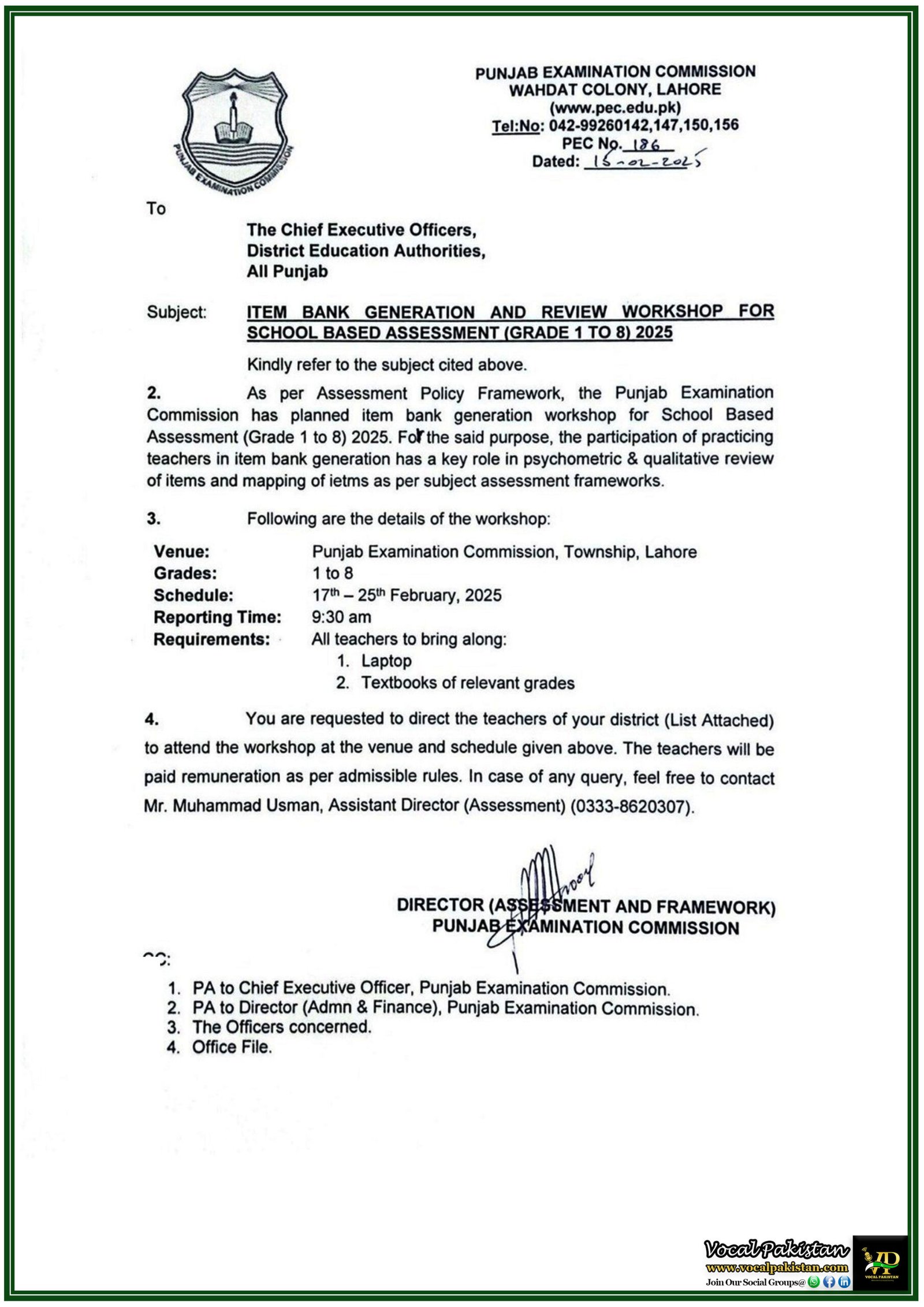 Punjab Examination Commission Announces Item Bank Generation Workshop–Official Notification Inside