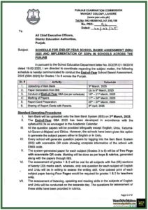 Punjab Examination Commission (PEC) Announces Schedule for School-Based Assessment (SBA) 2025–Notification