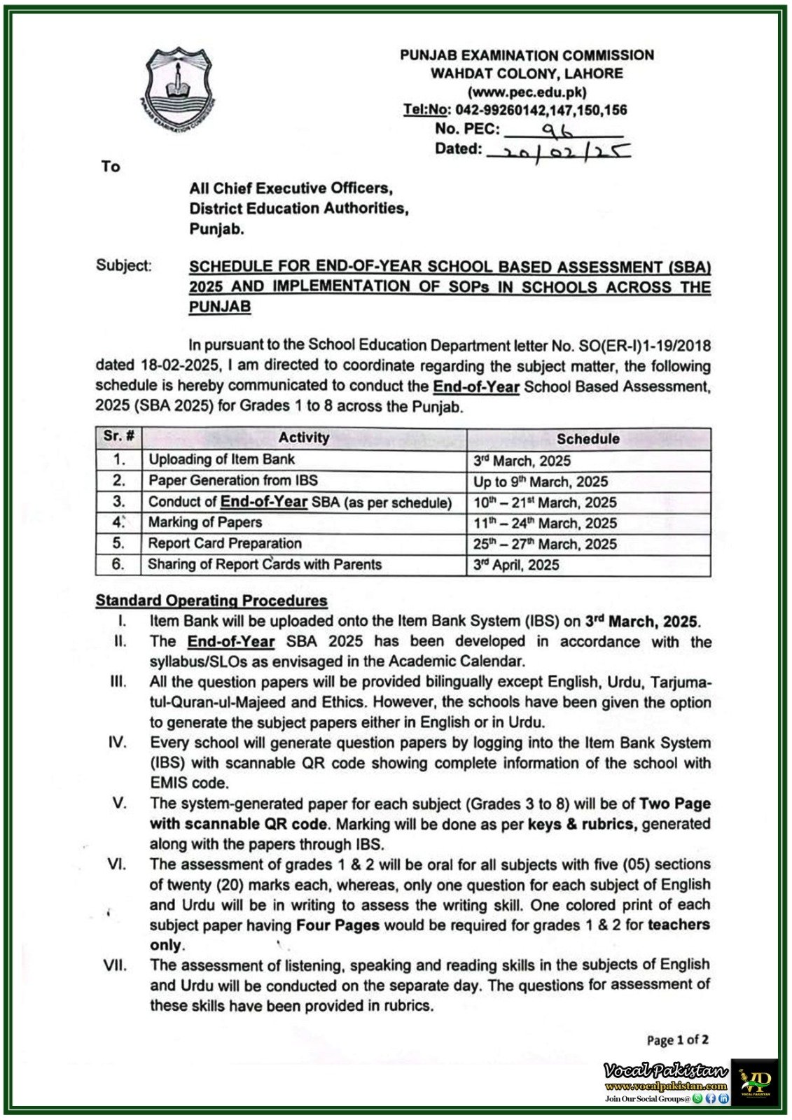 Punjab Examination Commission (PEC) Announces Schedule for School-Based Assessment (SBA) 2025–Notification