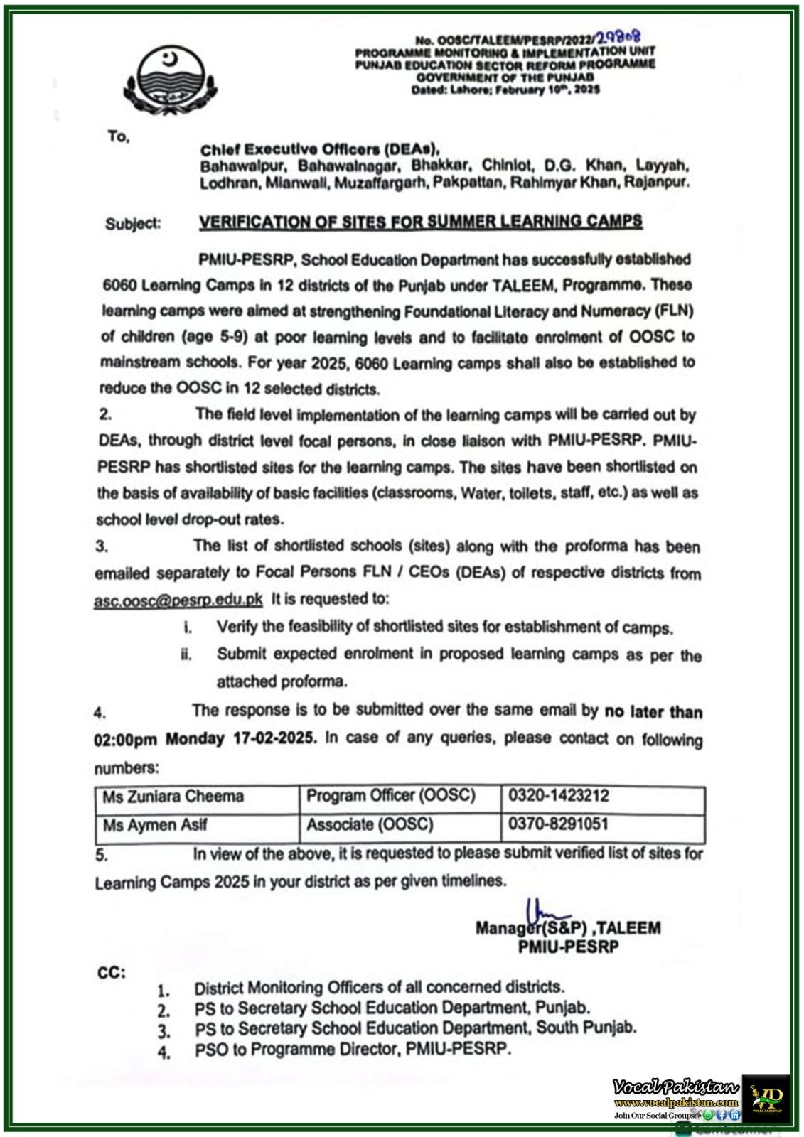 Punjab Government Announces Site Verification for 2025 Summer 6060 Learning Camps–Notification