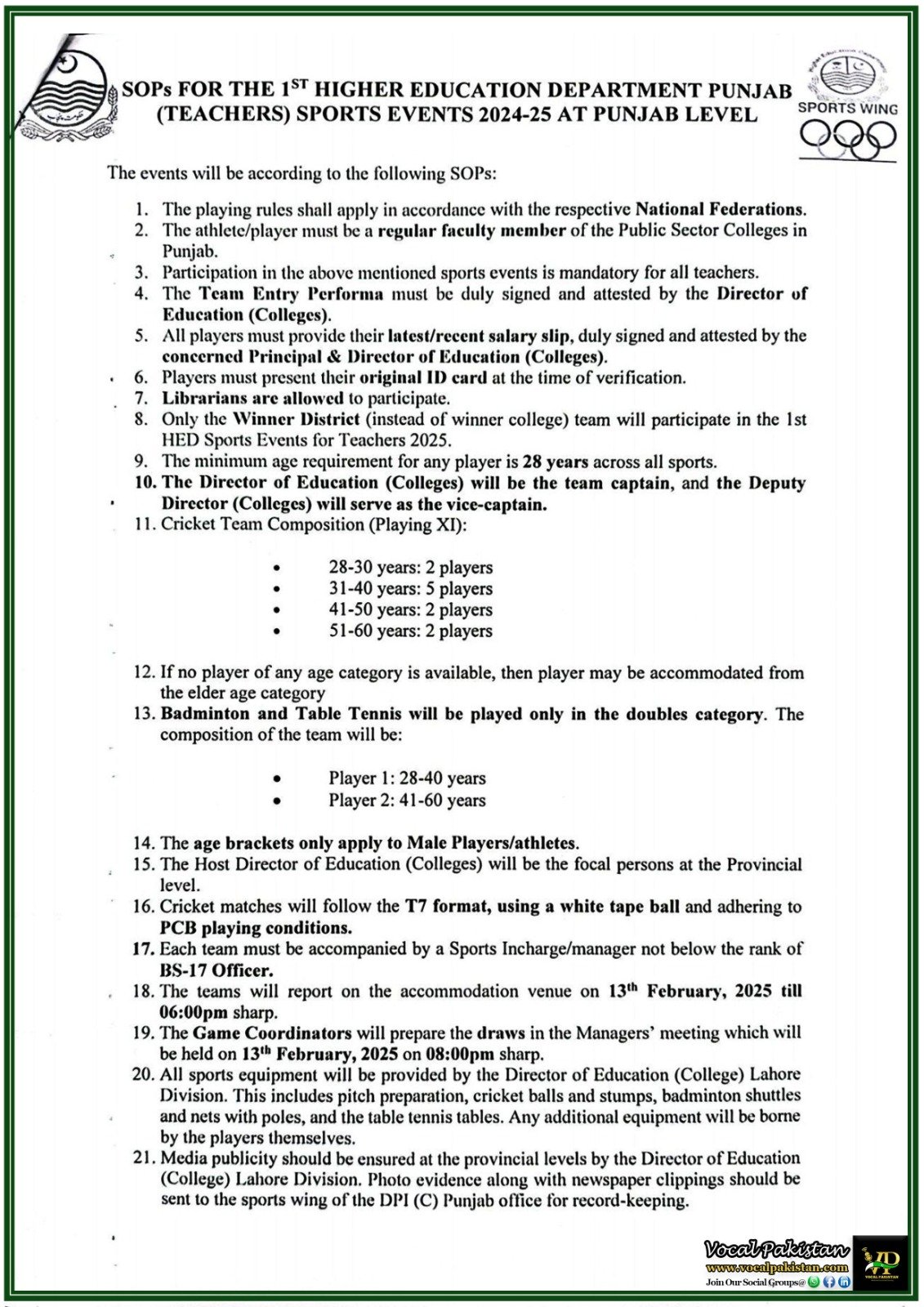 Punjab Government Issues SOPs for 1st Higher Education Department Teachers’ Sports Competitions 2024-25–Read Full Notification