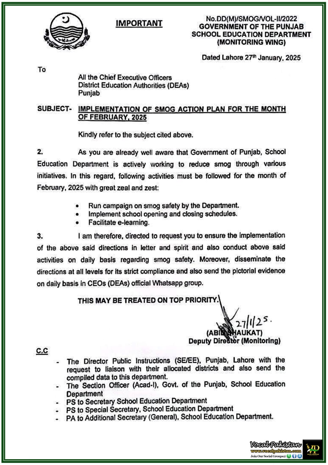 Punjab Government Issues Smog Action Plan for February 2025 Aimed at Ensuring Student and Staff Safety-Notification