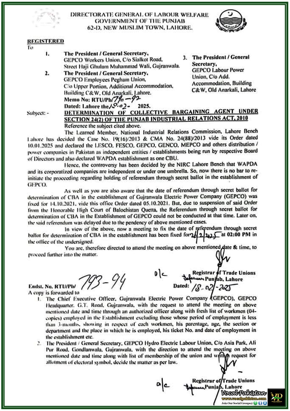 Punjab 7 Punjab Labour Welfare Directorate Announces Meeting for GEPCO CBA Referendum–Official Notification