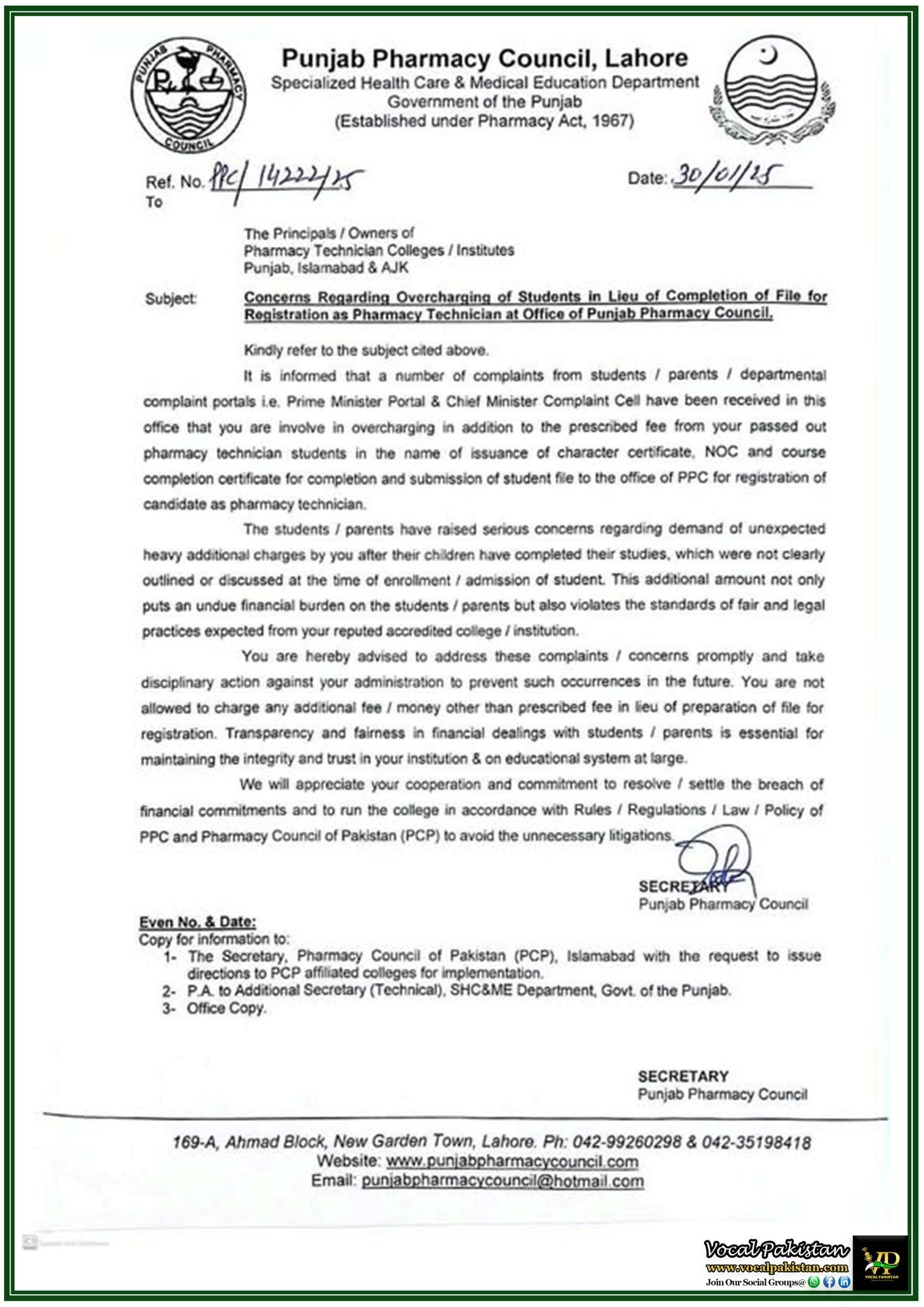 Punjab Pharmacy Council Warns Colleges Against Overcharging Students–Official Notification