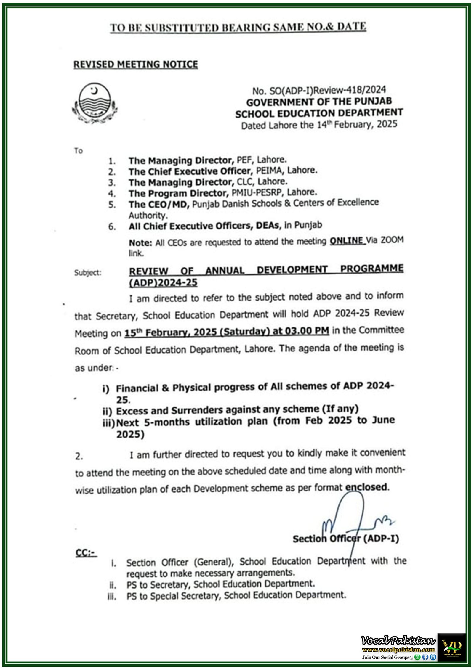 Punjab School Education Department to Review ADP 2024-25 Progress–Official Meeting Notice