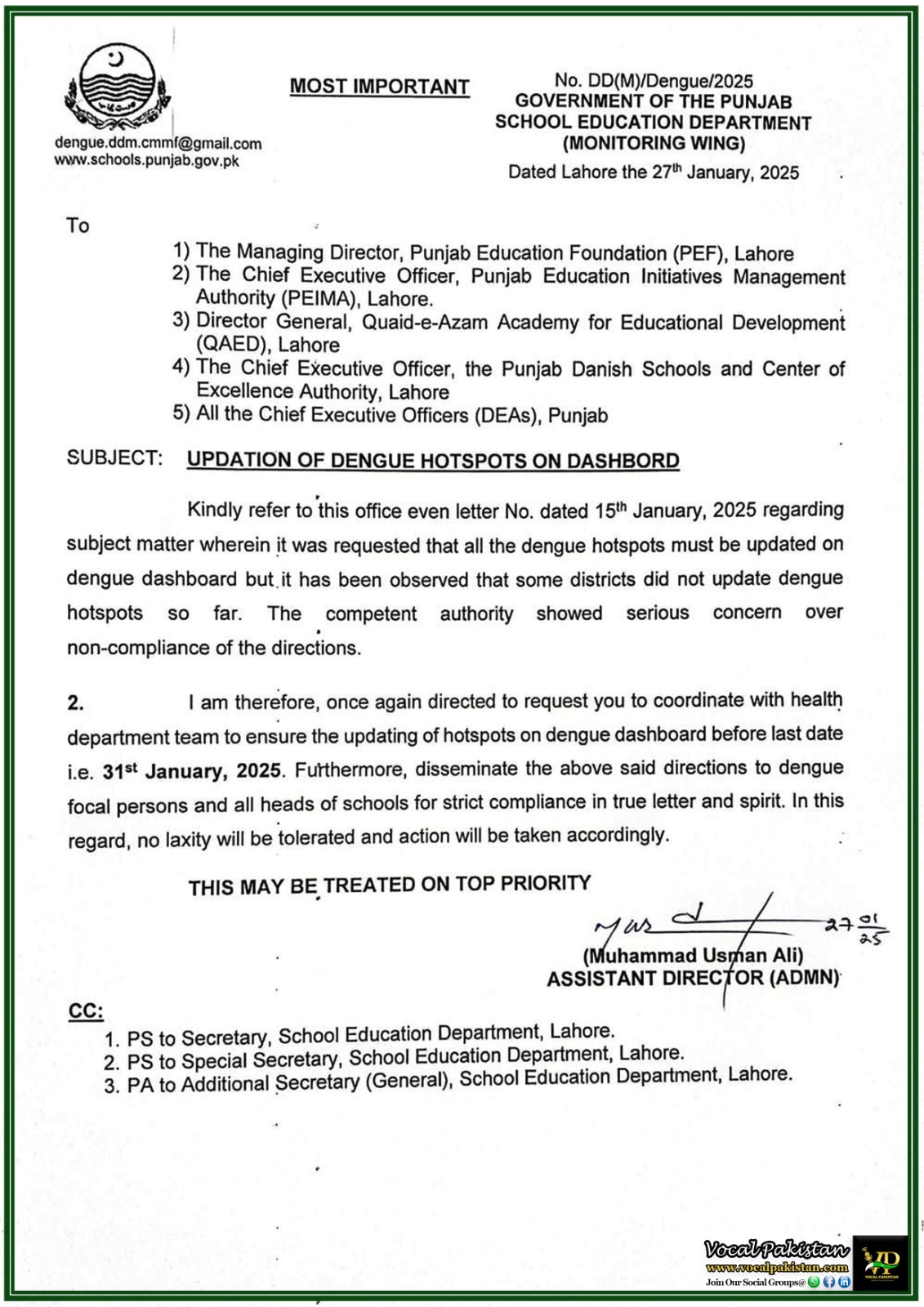 Punjab School Education Department's Urgent Notification on Dengue Hotspot Dashboard Updation