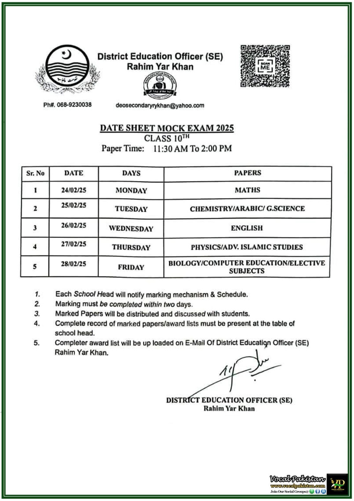 Rahim Yar Khan Education Department Issues 10th Grade Mock Exam 2025 Schedule–Official Notification