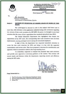 School Education Department Balochistan Seeks Finance Department Nod on SST Time Scale Upgrade–Notification