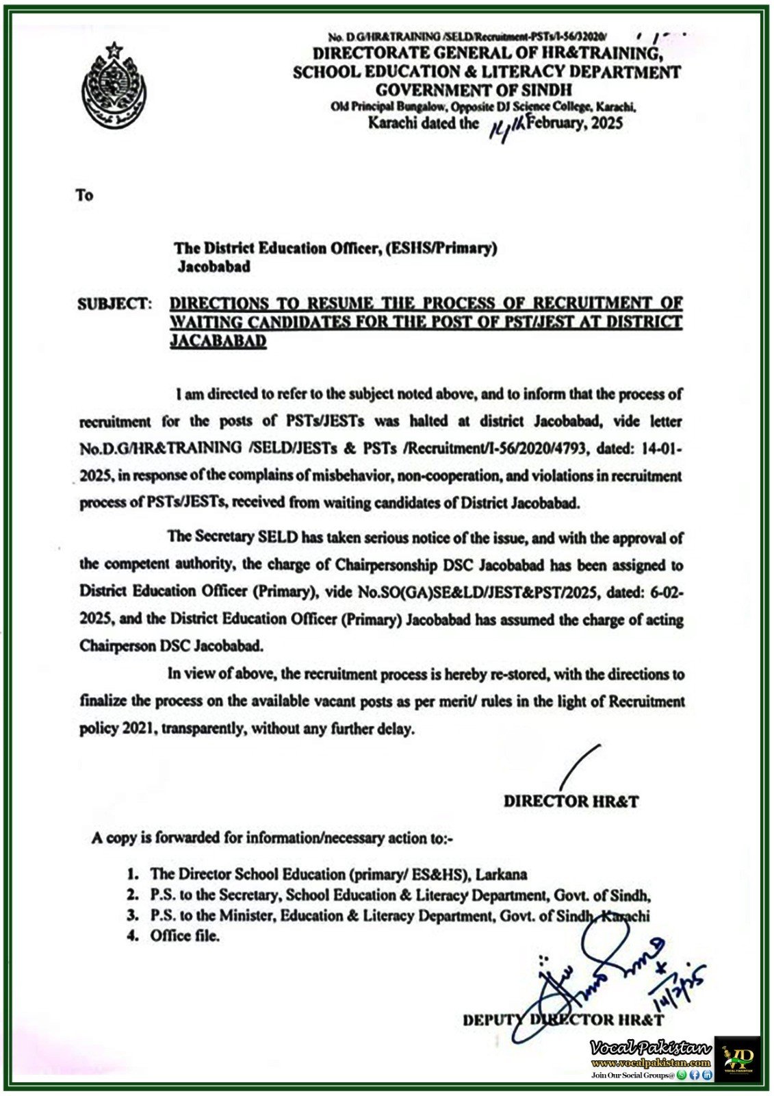 School Education Department Orders Immediate Restart of Teacher Recruitment in Jacobabad–Official Notification