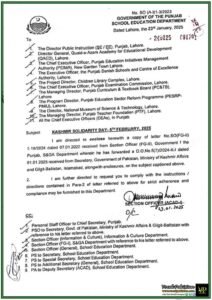 School Education Department Punjab Directs Strict Compliance for Kashmir Solidarity Day 2025–Notification