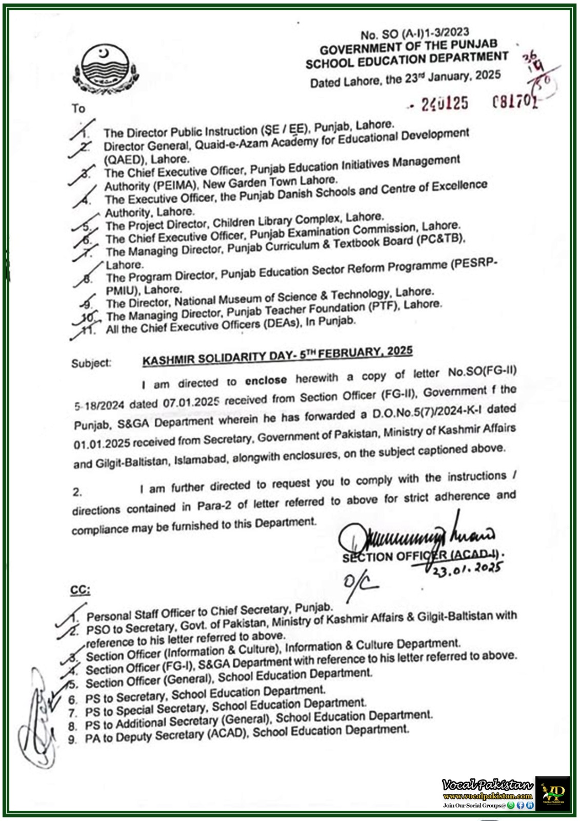 School Education Department Punjab Directs Strict Compliance for Kashmir Solidarity Day 2025–Notification