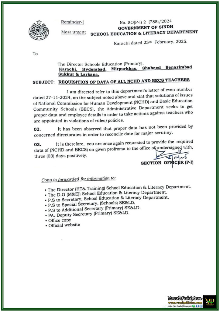 School Education Department Sindh Demands NCHD & BECS Teachers’ Data for Scrutiny–Data Required 4 School Education Department Sindh Demands NCHD & BECS Teachers’ Data for Scrutiny–Data Required