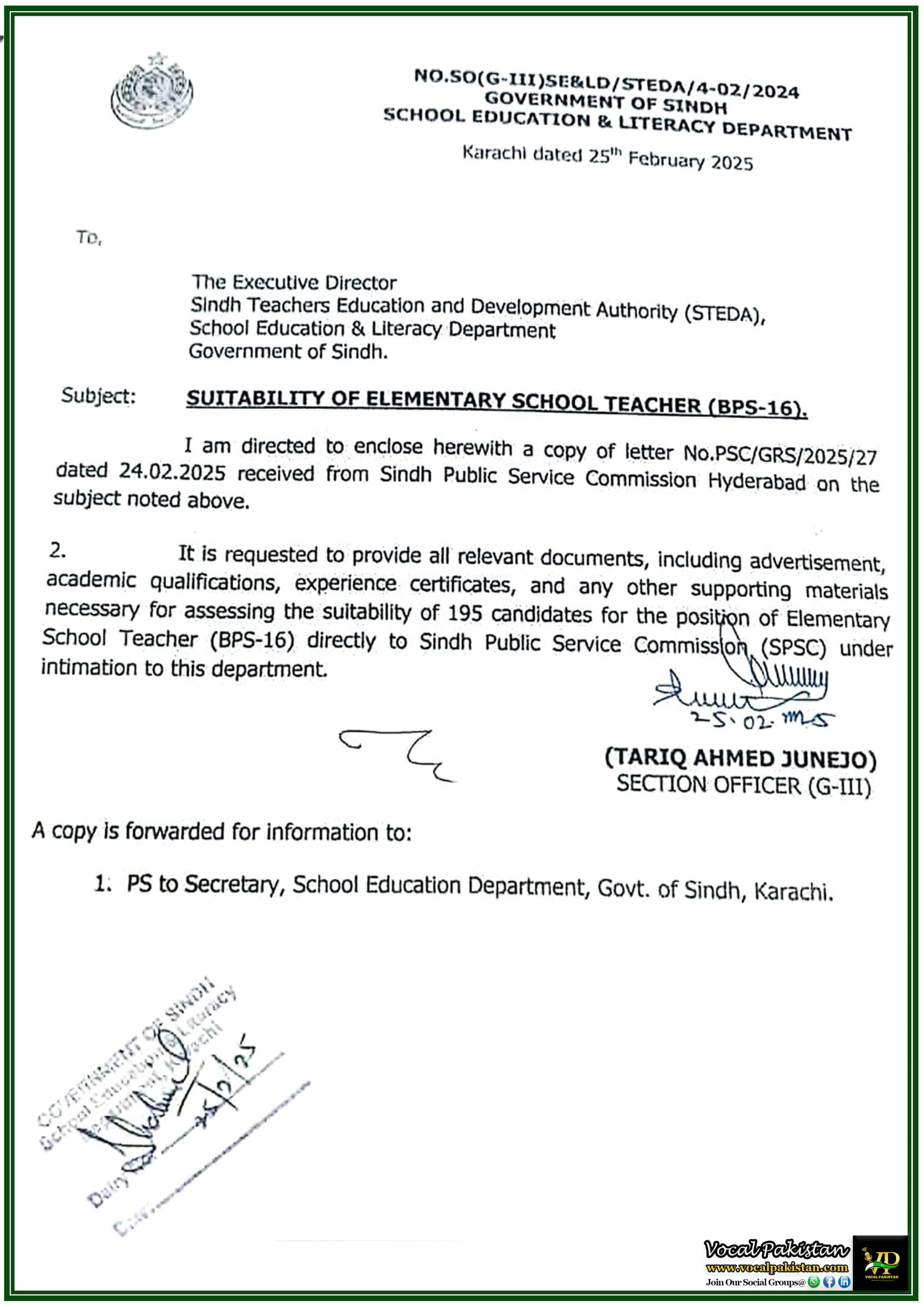 Sindh 3 School Education Department Sindh Requests Suitability Assessment for Elementary School Teachers (BPS-16)–Documents Required