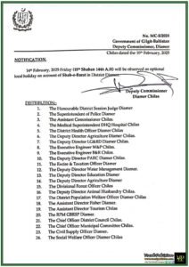 Shab-e-Barat 14th February Declared Optional Local Holiday in Diamer–Official Notification