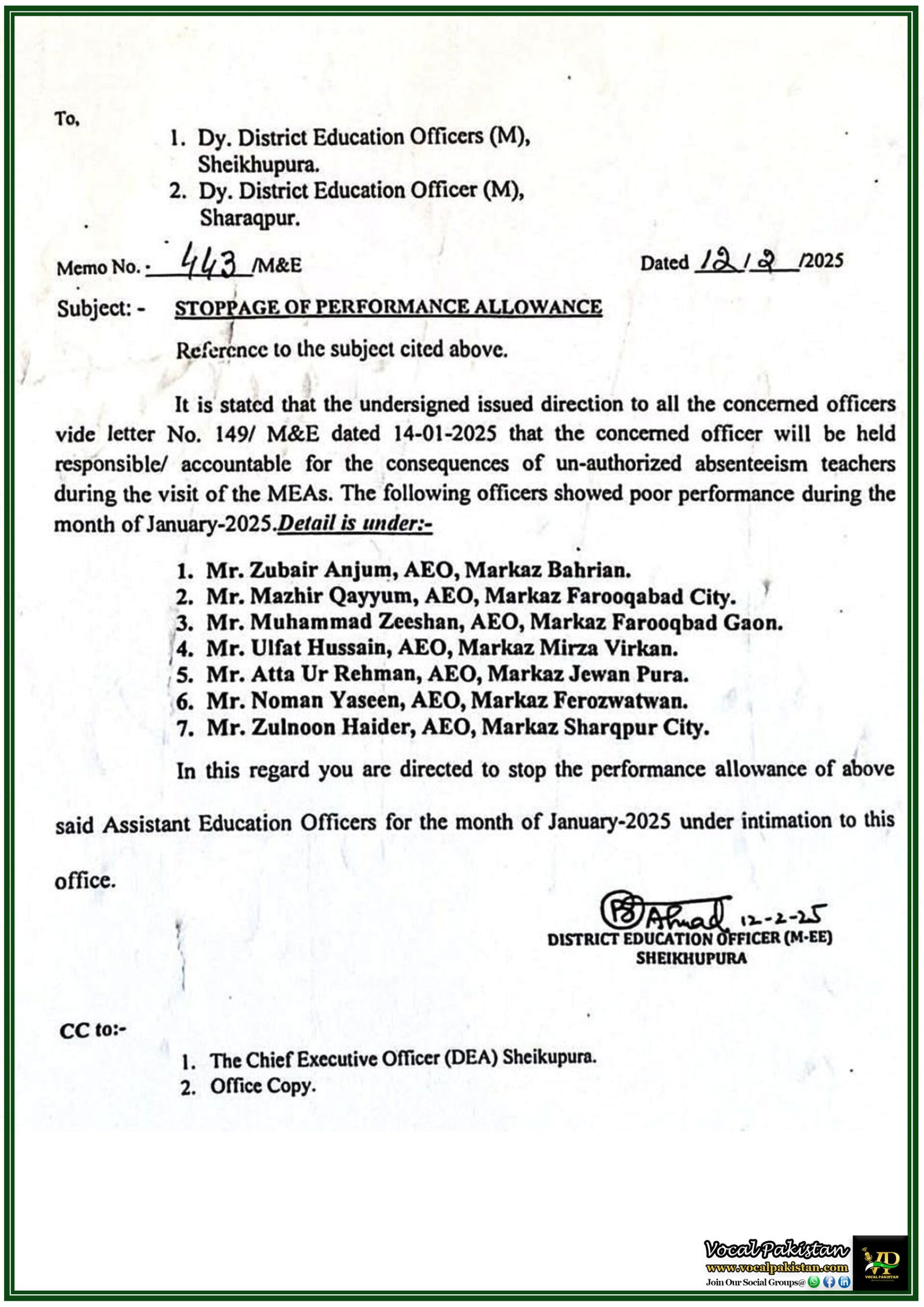 Sheikhupura Education Department Halts Performance Allowance for Officers–Notification