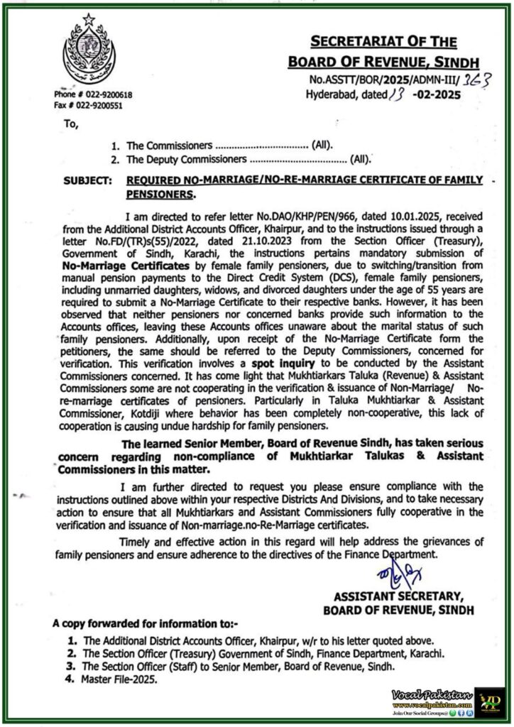 Sindh Board of Revenue Mandates No-Marriage Certificate for Family Pensioners–Official Notification 1 Sindh Board of Revenue Mandates No-Marriage Certificate for Family Pensioners–Official Notification